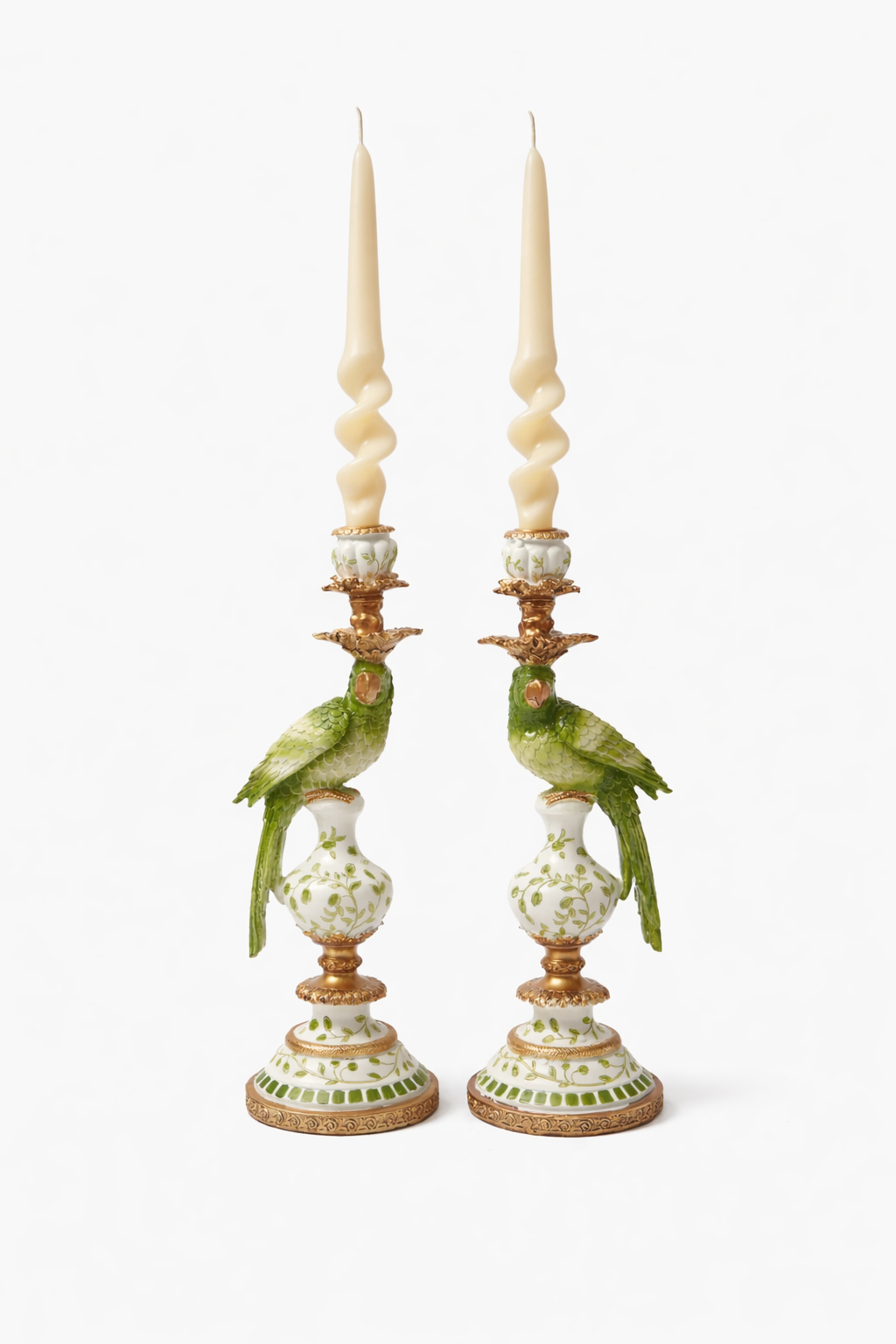 Antiqued Ornate Green & White Parrot Candle Holder (Right)