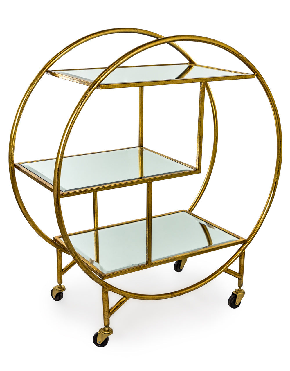 Antiqued Gold Round Metal Bar Trolley with Mirror Shelves