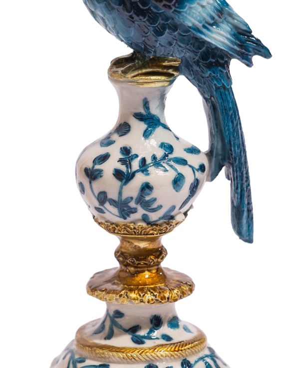 Antiqued Ornate Blue & White Parrot Candle Holder (Right)