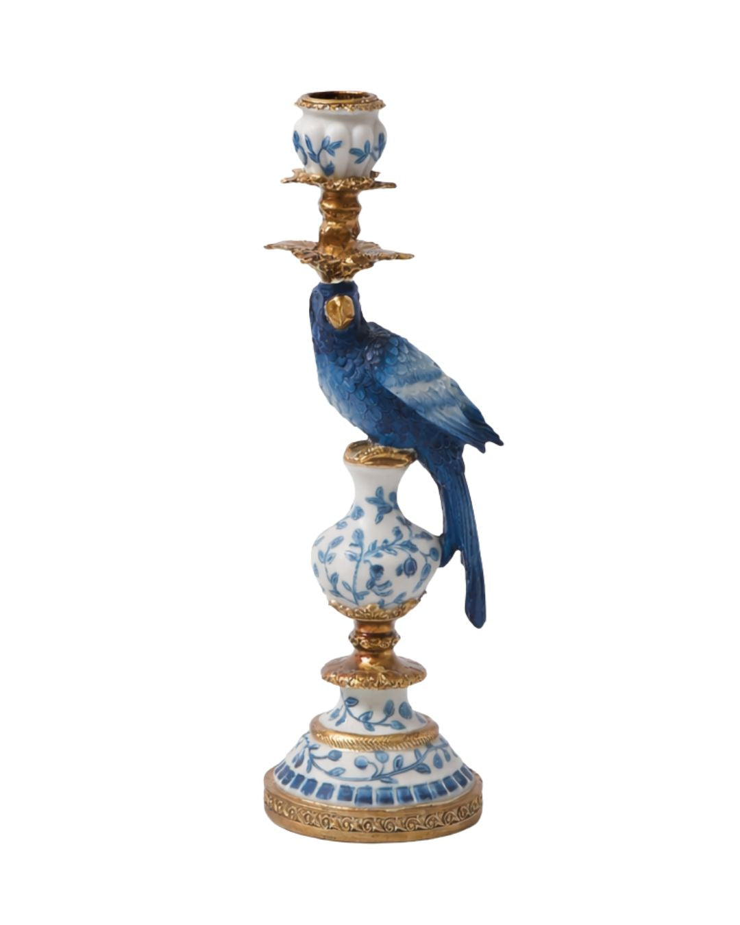 Antiqued Ornate Blue & White Parrot Candle Holder (Right)
