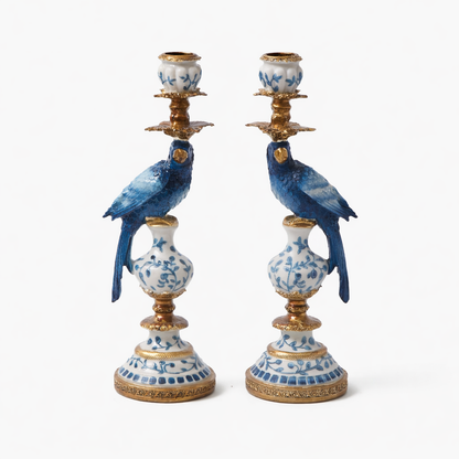 Pair of Antiqued Ornate Blue & White Parrot Candle Holders