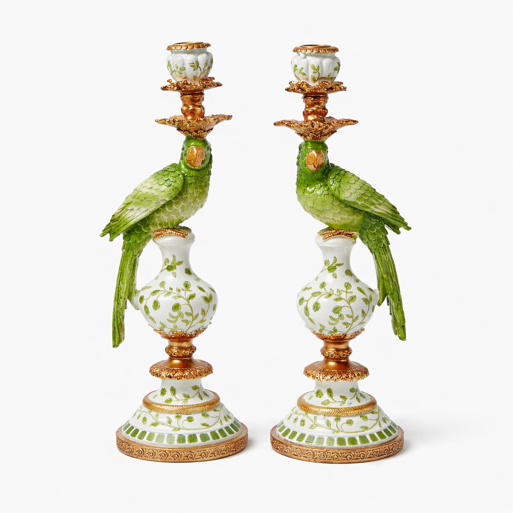 Antiqued Ornate Green & White Parrot Candle Holder (Right)