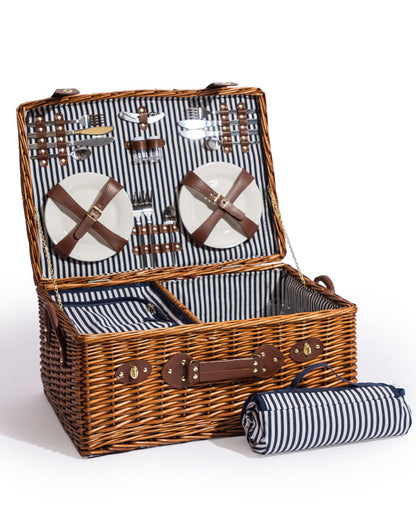 Luxury Pinstripe 4-Person Picnic Hamper with Leather Handles & Accessories