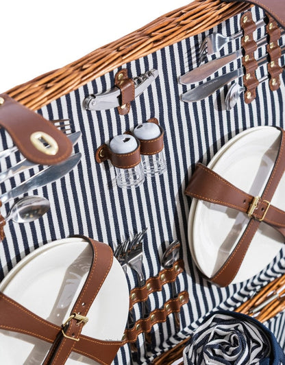 Luxury Pinstripe 4-Person Picnic Hamper with Leather Handles & Accessories