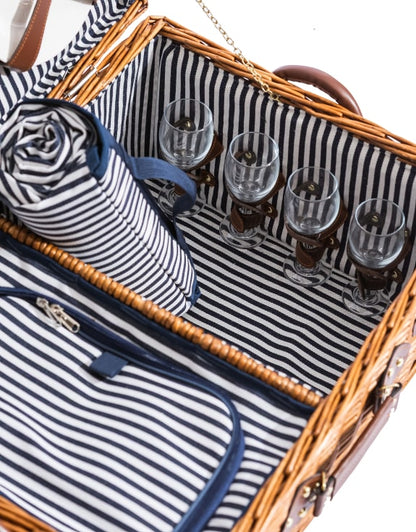 Luxury Pinstripe 4-Person Picnic Hamper with Leather Handles & Accessories