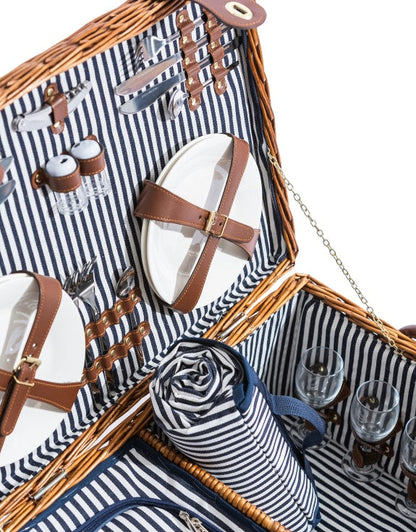 Luxury Pinstripe 4-Person Picnic Hamper with Leather Handles & Accessories