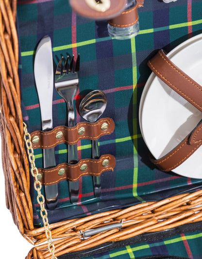 Luxury Tartan 2-Person Picnic Hamper w/ Leather Handles & Accessories