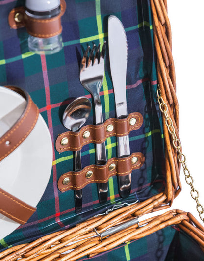Luxury Tartan 2-Person Picnic Hamper w/ Leather Handles & Accessories