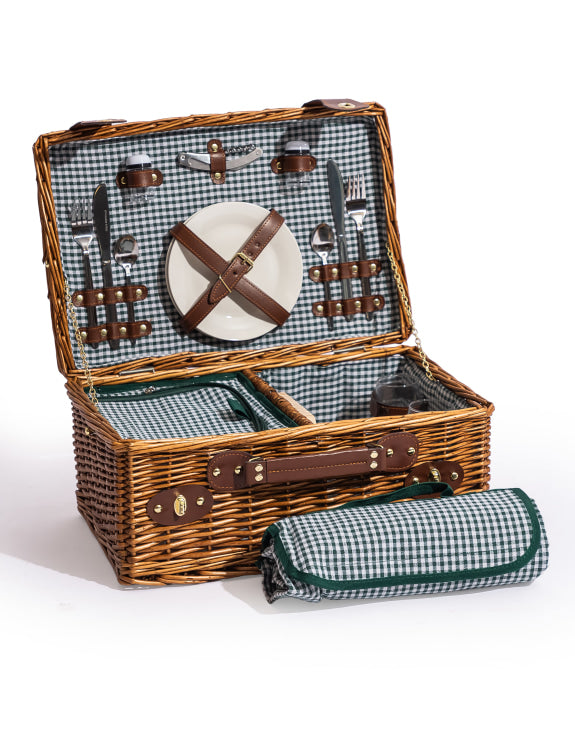 Luxury Gingham 2-Person Picnic Hamper with Leather Handles & Accessories