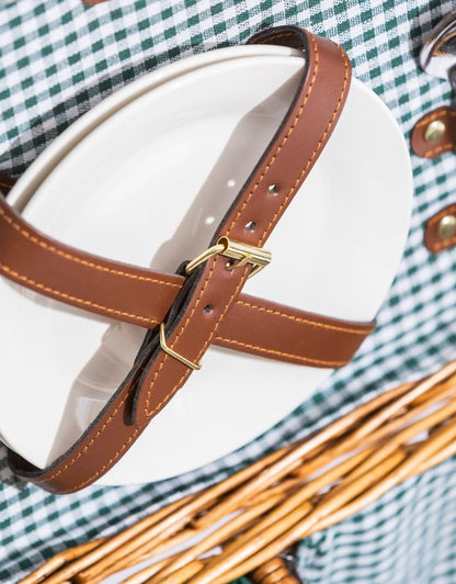 Luxury Gingham 2-Person Picnic Hamper with Leather Handles & Accessories