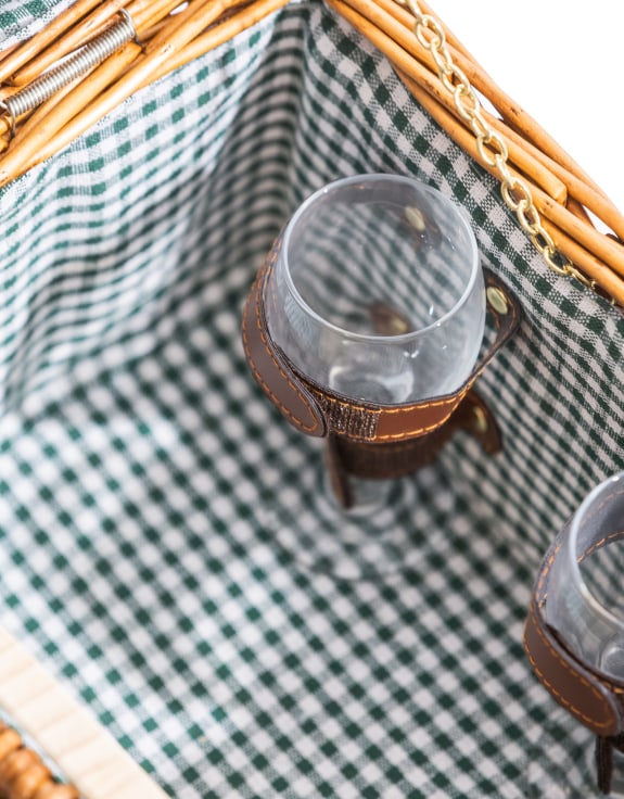 Luxury Gingham 2-Person Picnic Hamper with Leather Handles & Accessories
