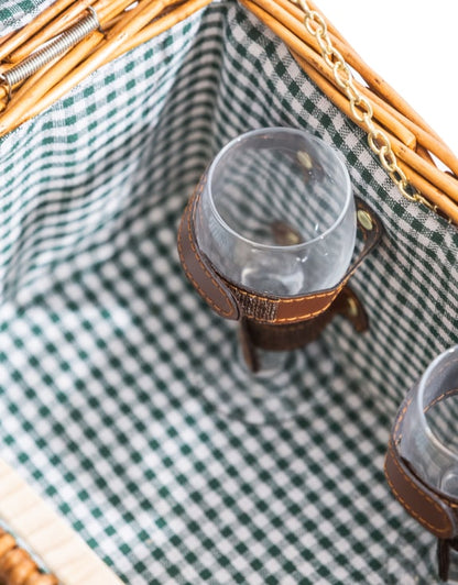 Luxury Gingham 2-Person Picnic Hamper with Leather Handles & Accessories