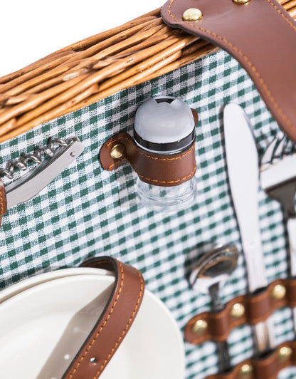 Luxury Gingham 2-Person Picnic Hamper with Leather Handles & Accessories