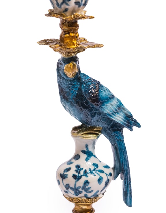 Pair of Antiqued Ornate Blue & White Parrot Candle Holders
