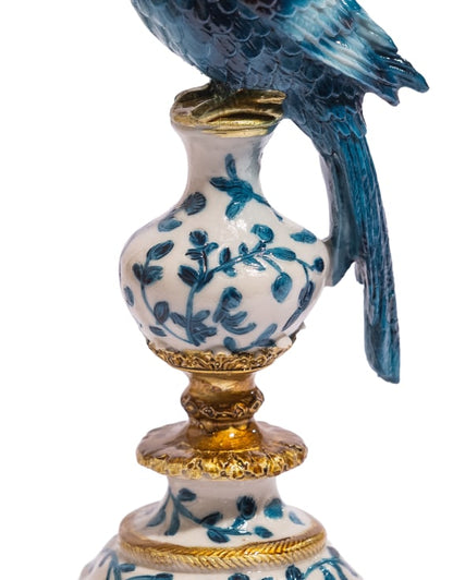 Antiqued Ornate Blue & White Parrot Candle Holder (Right)